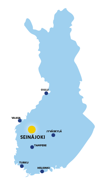 Sininen suomen kartta, jonne merkattu mm. Seinäjoen sijainti.