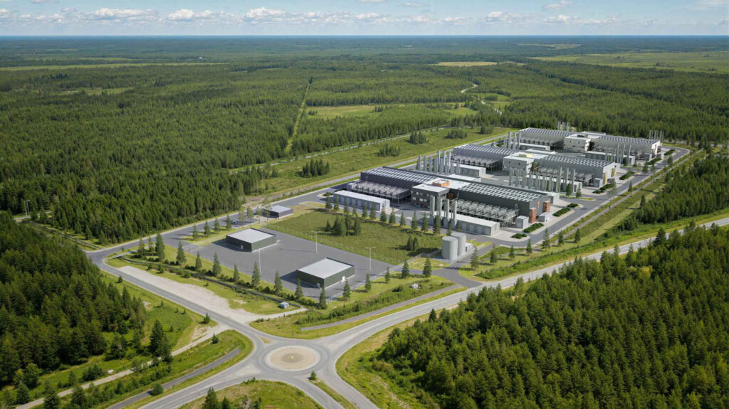 Havainnekuva, jossa metsäisen alueen keskelle on rakennettu iso datakeskus.