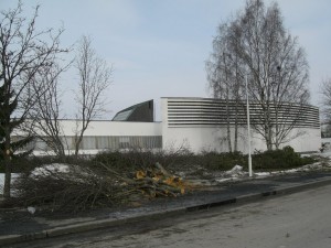 Aallon kirjaston takaa kaadettiin puita uuden rakennuksen tieltä.