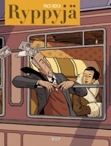 Ryppyjä-kirjan kansi, jossa kaksi miestä istuvat junassa. 