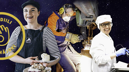 Tarjoilija, kokki ja laboratoriotyöntekijä kuvakäsitelty samaan kuvaan.