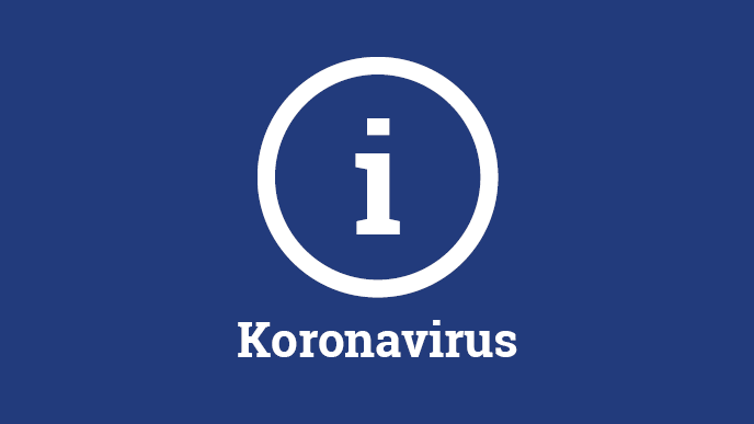 Sinisellä pohjalla valkoinen Koronavirus-teksti ja i-kirjain ympyrän sisällä.