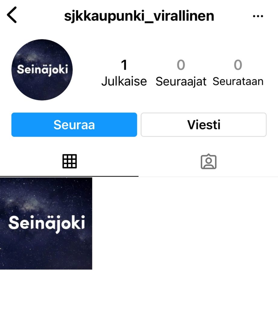 Kuvakaappaus Instagram-tilin etusivusta, jolla Seinäjoki-logo ja kuvapostaus.