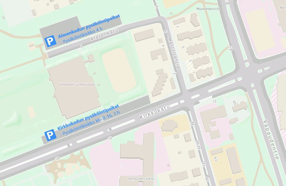 Kuvassa kartta mihin on merkitty Uimahalli-Urheilutalon pysäköintipaikat