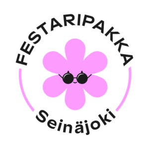 Festaripakka-logo, jossa pinkki kukka, jolla aurinkolasit.