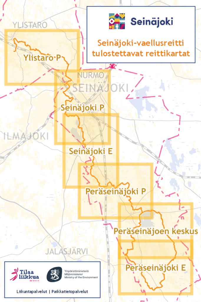 Kuvassa Seinäjoen kartta taustalla mihin on merkitty Seinäjoki-vaellusreitin eri karttojen alueet.
