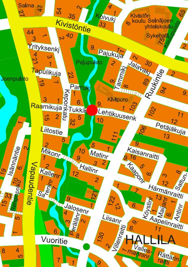 Kaupungin tie- ja aluekartta, jossa punainen täplä osoittamassa sillan paikkaa.