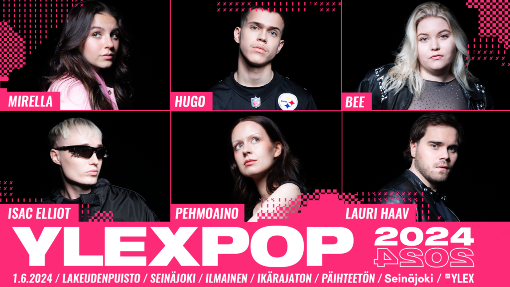 Kuvassa on koostettuna kaikki YleXPopin artistit: Mirella, Hugo, Bee, Isac Elliot, Pehmoaino ja Lauri Haav.