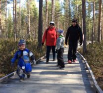 Kaksi aikuista ja kaksi lasta kävelee metsässä olevalla lankkupolulla.