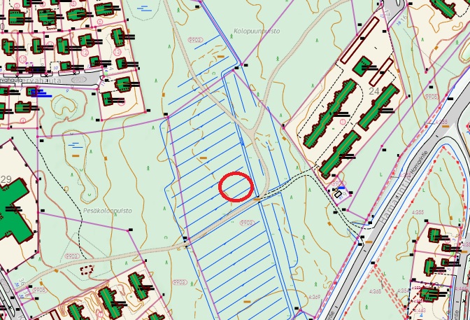 Karttakuva Pesäkolonpuiston jättipalsamin soolotalkoopaikasta. 