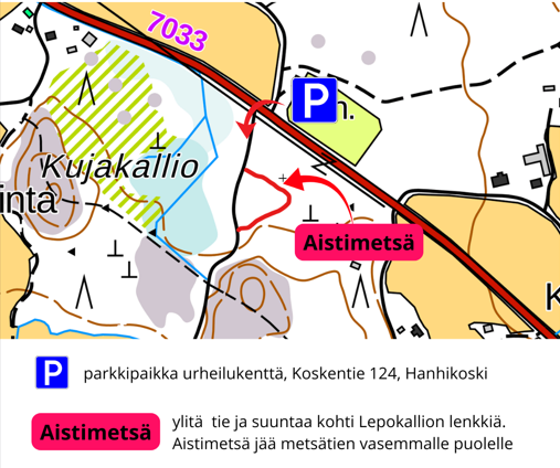 Karttakuva Hanhikoskesta, jossa näkyy aistimetsän ja parkkipaikan sijainti. 