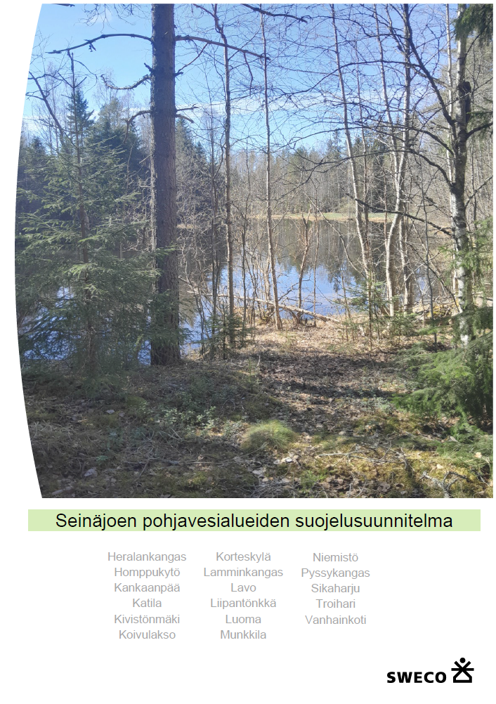 Kansikuva pohjavesien suojelusuunnitelmasta. Sisältää otsikon "Seinäjoen pohjavesialueiden suojelusuunnitelma" ja alueet "Heralankangas, Homppukytö, Kankaanpää, Katila, Kivistönmäki, Koivulakso, Korteskylä, Lamminkangas, Lavo, Liipantönkkä, Luoma, Munkkila, Niemistö, Pyssykangas, Sikaharju, Troihari ja Vanhainkoti"