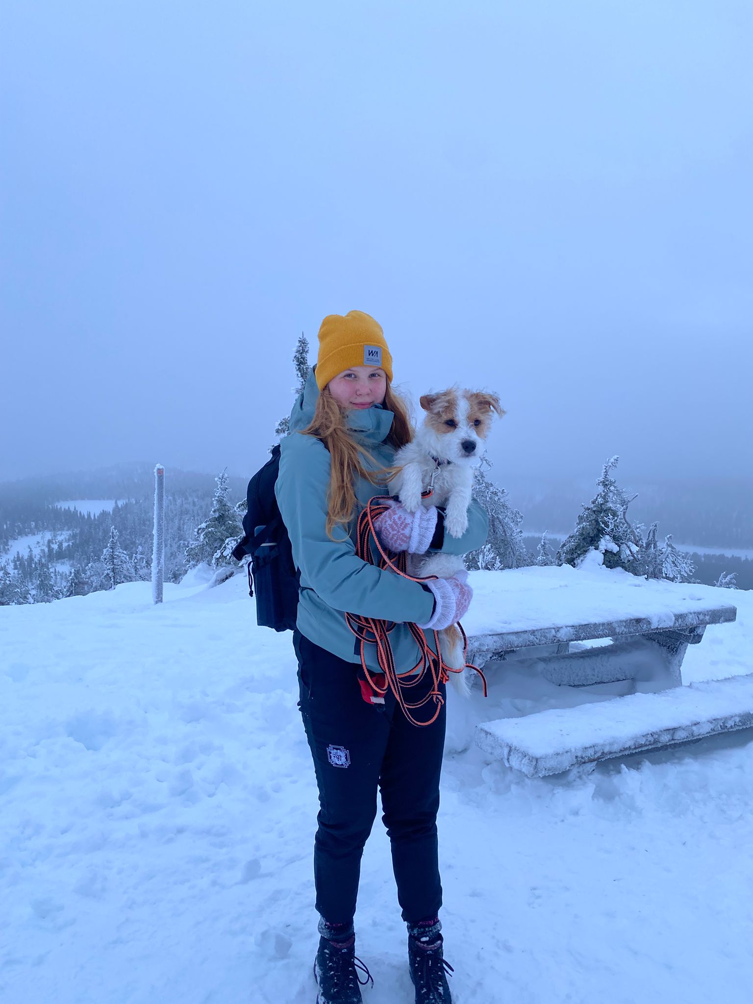Kuvassa Roosa Koskinen koira sylissä lumisessa ja sumuisessa maisemassa