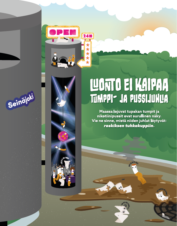 Piirretyssä kuvassa on tupakantumppeja ja nikotiinipusseja juhlimassa tupakkaroskiksessa.
