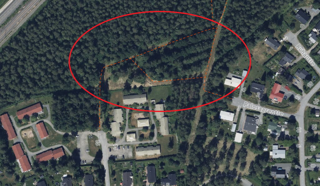 Ilmakuvassa Koliinin kuntorata, mihin merkitty hulevesi työmaa-alue.