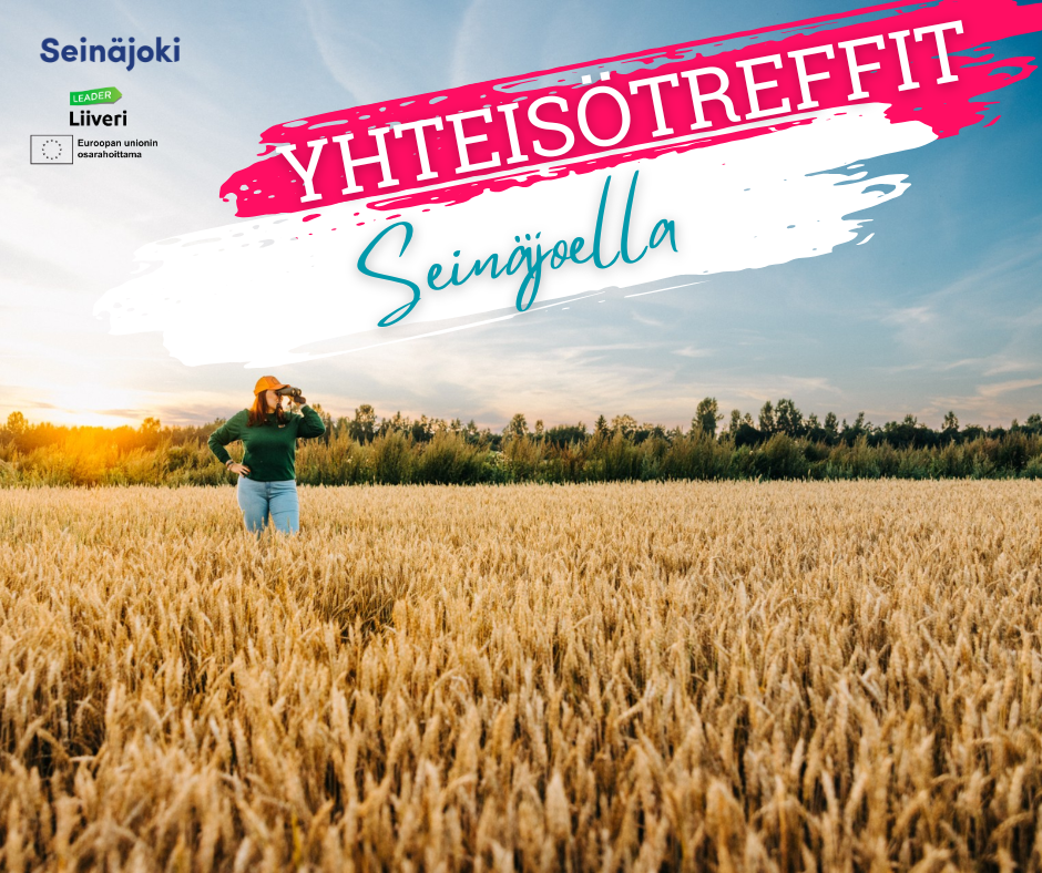 Kuvassa on syksyinen viljapelto, jossa seisoo henkilö katsoen kiikareilla kauas tulevaisuuteen. Kuvassa on myös teksti Yhteisötreffit Seinäjoella sekä Seinäjoen kaupungin ja Leader Liiverin logot.