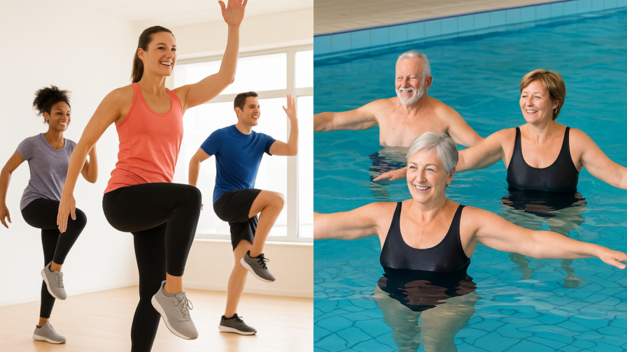 Kahteen osaan jaetussa kuvassa vasemmallla puolella kolme henkilöä jumppaa ja oikean puoleisessa kuvassa kolme henkilöä vesijumppaa. Kuva luotu tekoälyllä.