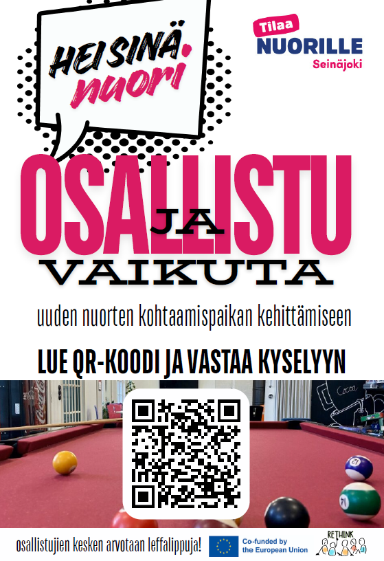Kuvassa on mainos, jossa on biljardipöytä ja -palloja sekä QR-koodi. Tekstissä kerrotaan, että nuori voi osallistua ja vaikuttaa uuden nuorten kohtaamispaikan kehittämiseen.