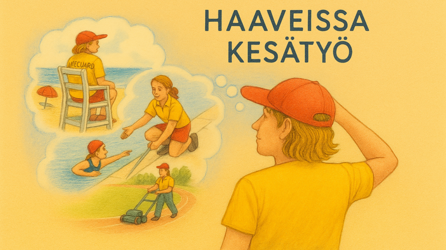 Piirroskuvassa henkilö haaveilee kesätyöstä rantavalvojana, uinninopettajana tai liikuntapaikkojen kunnossapitotöissä. Kuva luotu tekoälyllä.