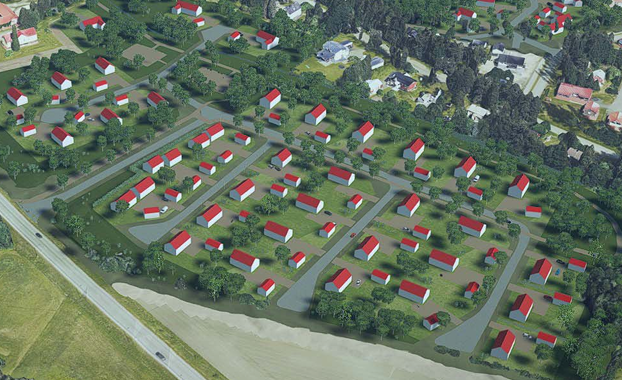 Vihreällä taustalla punakattoisia taloja havainnekuvassa.