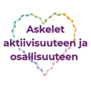 jalanpohjien jäljistä muodostuva sydän, päällä teksti Askelet aktiivisuuteen ja osallisuuteen