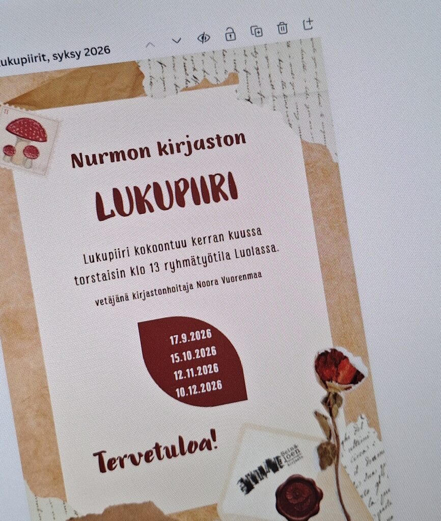 Nurmon kirjaston lukupiirin mainos.