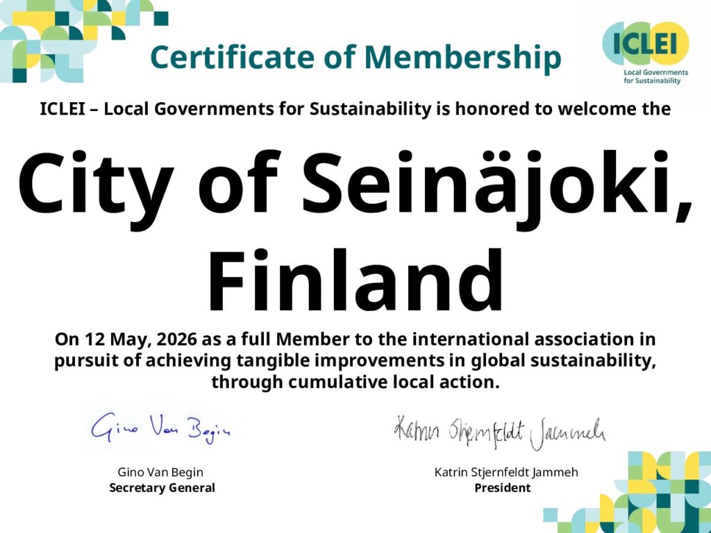 Sertifikaatti Seinäjoen kuulumisesta osaksi ICLEI -verkostoa 12.5.2026 lähtien. 