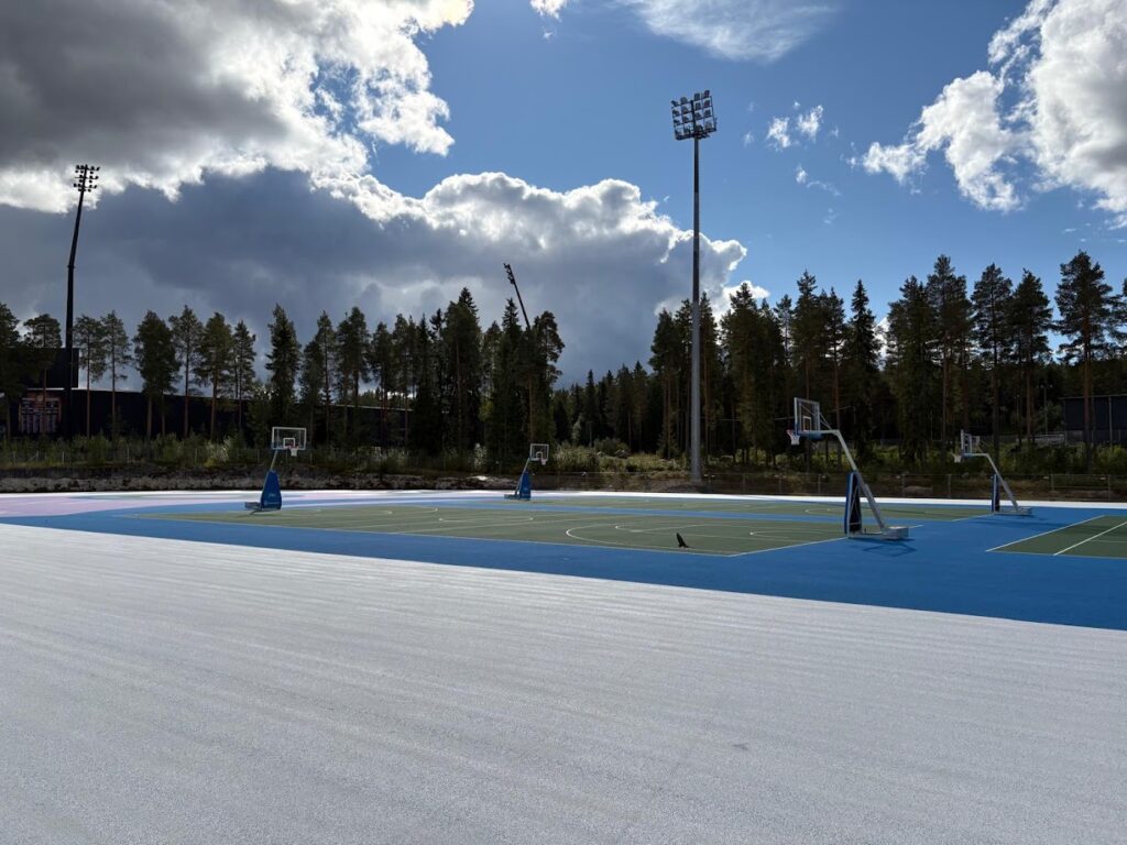 Kaksi ulkokoripallokenttää. Taustalla metsää.