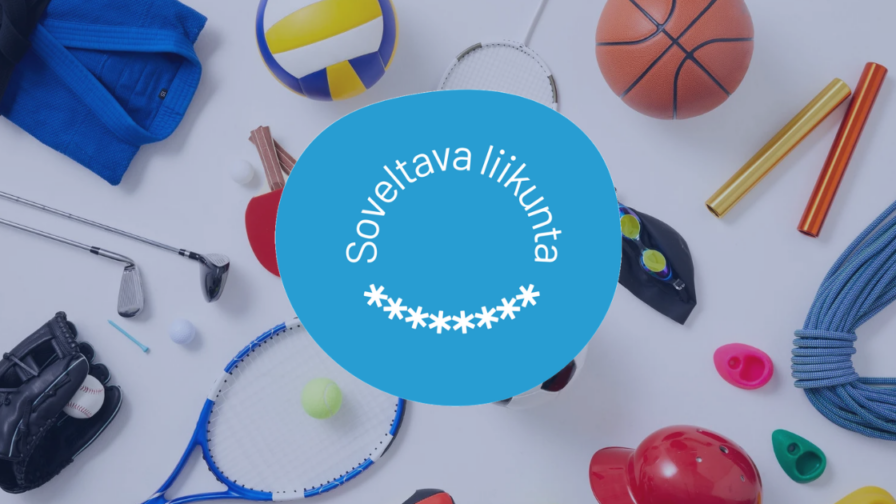 Soveltava liikunta teksti pyöreän muodon sisällä. Taustalla erilaisia liikuntavälineitä, kuten lentopallo, koripallo, tennismaila ja uimalasit.