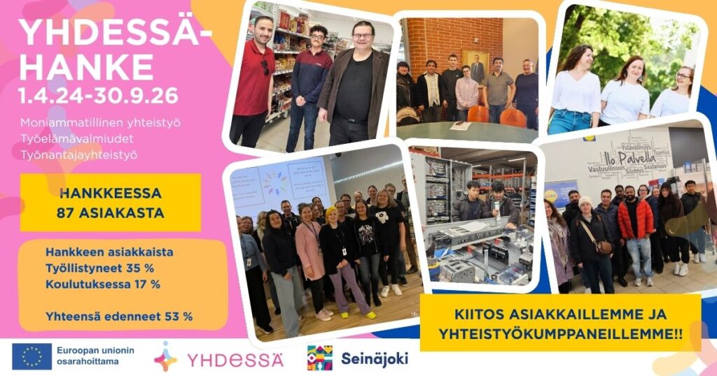 Yhdessä-hanke 1.4.2024-30.9.2026. Moniammatillinen yhteistyö, työlämävalmiudet, työnantajyhteistyö. Hankkeessa 87 asiakasta. Hankkeen asiakkaista työllistyneet 35%, koulutuksessa 17%, yhteensä edenneet 53%. Kiitos asiakkaillemme ja yhteistyökumppaneillemme.
Euroopan unionin osarahoittama.